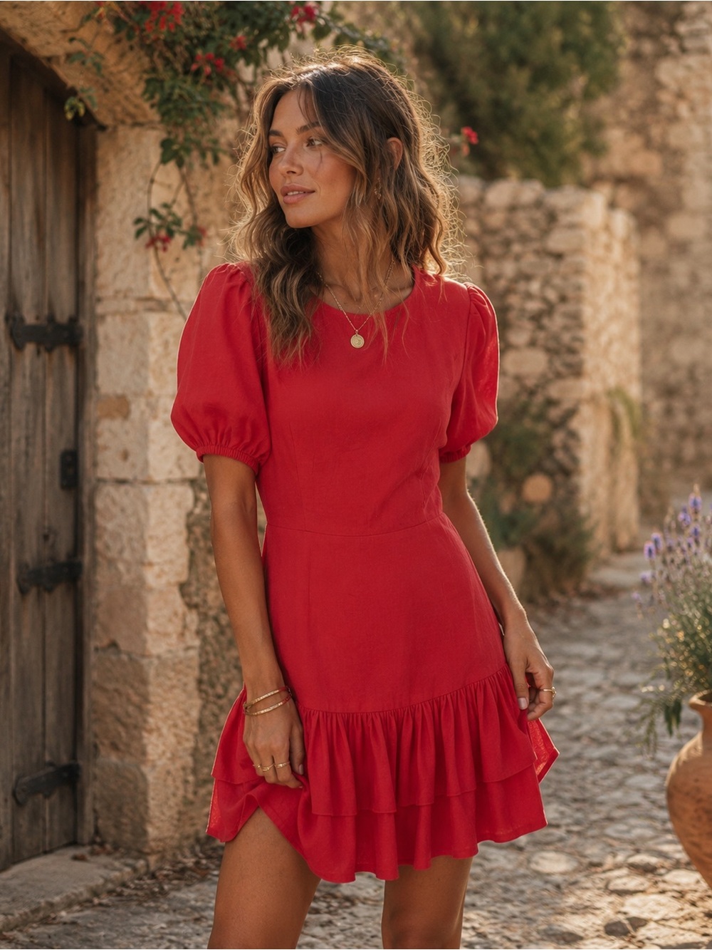 Women's Red Puff Sleeve Ruffle Hem Mini Dress
